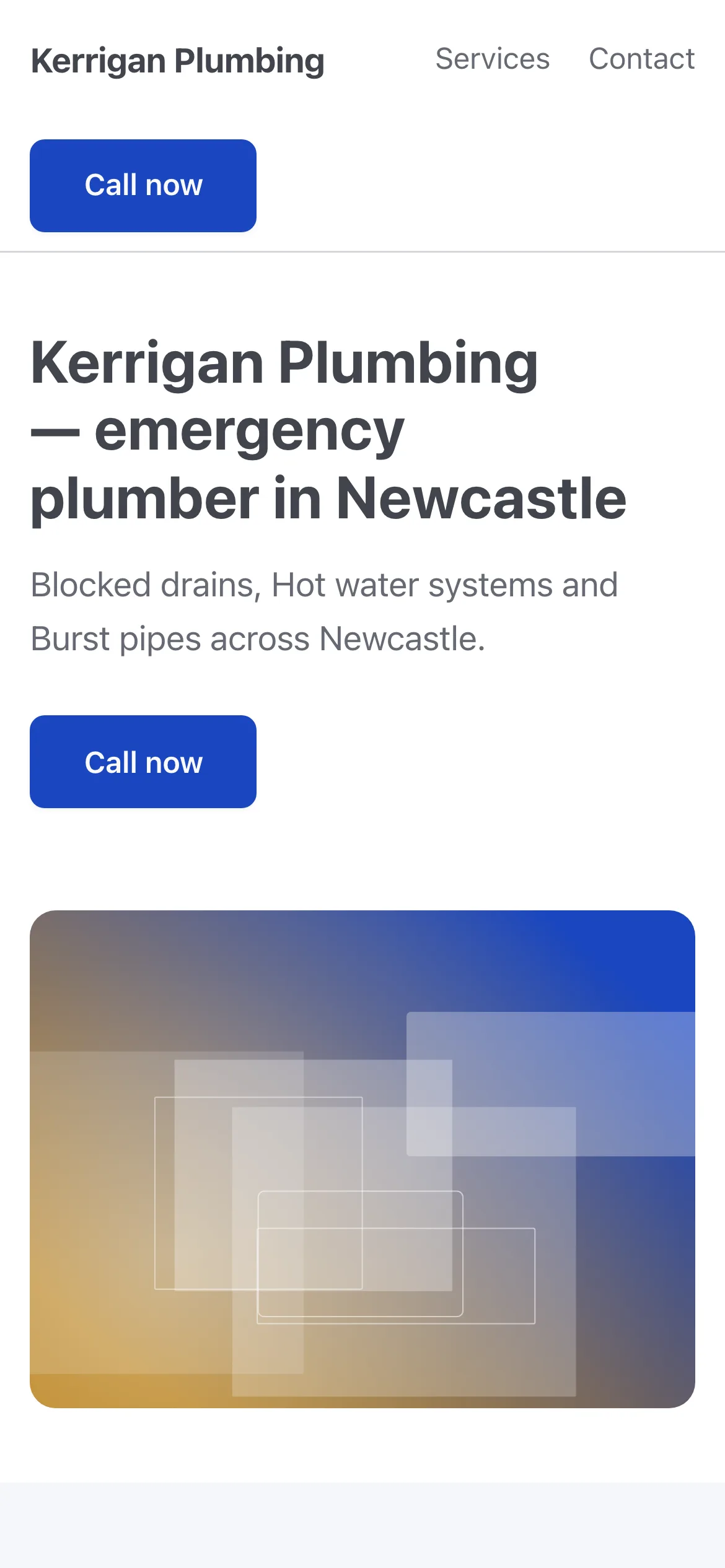 A generated website for a plumber, shown on a phone: the business name, its
                    services, and a call button.